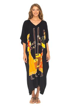 Enjoy your style even more. This long kaftan dress is great to wear out and make a statement of your own style. Comfortable and lightweight, this tribal dress is perfect for lunch dates, beach vacations, and parties. Feel comfortable and fashionable. length 49.5” width is 41” Hand-painted Tribal Design Made from 100% soft rayon Hand wash in cold water, hang to dry Summer V-neck Maxi Dress With Batik Print, V-neck Batik Print Beach Dress, Casual Rayon Kaftan For Vacation, Bohemian Graphic Print Maxi Dress, Bohemian Maxi Dress With Graphic Print, Summer Beach Rayon Tunic, Black Printed Kaftan For Festival, Bohemian Oversized Maxi Dress For Vacation, Oversized Bohemian Maxi Dress For Vacation