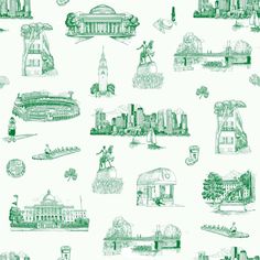 a bunch of green and white cityscapes on a light blue wallpaper background