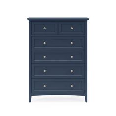 the chest of drawers is painted in navy blue and has five drawers on each side