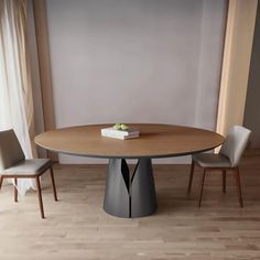 a table with two chairs around it and a book on top of the wooden table