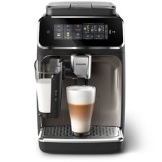 an espresso machine with a glass of coffee next to it on a white background