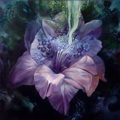 a painting of a purple flower with green leaves