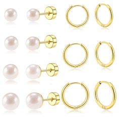 PRICES MAY VARY. 【EARRINGS SETS for MULTIPE PICERINGS】One order Includes 4 pairs flat back peal stud earrings and 3 pairs small gold hoops earrings. You can match these fashion earrings for Cartilage Helix, Rook, Daith, Tragus 【MATERIAL AND SIZE】These Small Earrings are made of 316L Surgical Steel in 14K Gold Plated. Hypoallergenic, nickel-free and lead-free, especially friendly to sensitive ear. These huggie hoops inner diameter are 6mm(0.24 in)/8mm(0.32 in)/10mm(0.40 in), these flat back earii Dainty Gold Earrings, Small Gold Hoop Earrings, Earrings Sets, Small Gold Hoops, Tiny Hoop Earrings, Flat Back Earrings, Earring Sets, Tiny Studs, Hoops Earrings