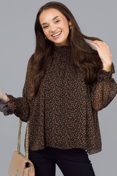 Elegant Brown Floral Print Blouse, Elegant Brown Blouse With Floral Print, Spring Leopard Print Workwear Blouse, Elegant Leopard Print Blouse For Fall, Chic Brown Blouse For Fall, Chic Leopard Print Blouse For Fall, Brown Floral Print Tops For Work, Brown Floral Print Tops For Workwear, Leopard Blouse