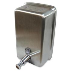 a stainless steel soap dispenser is shown on a white background with clippings