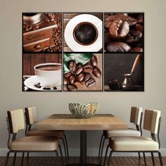 three pictures of coffee and beans hanging on the wall above a dining room table with chairs