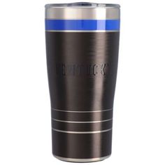 thermos stainless steel tumbler with blue stripe is shown on a white background