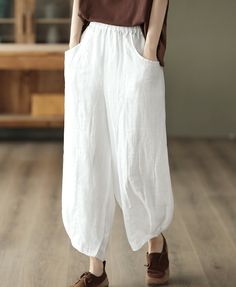 Gender: Women Item Type: Harem Pants Material: 100% Ramie Season: Summer Style: Casual, Loose Waist Type: Natural & Elastic Waist One Size Length: 84 cm/ 33.07 " Waist: 66- 100 cm/ 25.98- 39.37 " Hip: 122 cm/ 48.03 " Thigh: 80 cm/ 31.50 " Baggy White Harem Pants With Elastic Waistband, White Loose Fit Ankle-length Harem Pants, White Ankle-length Harem Pants With Loosely Fitted Hips, White Cotton Tapered Leg Harem Pants, White Wide-leg Harem Pants With Elastic Waistband, White High-waisted Relaxed Fit Harem Pants, White Relaxed Fit Harem Pants With Elastic Waistband, Casual White Non-stretch Harem Pants, White Baggy High Waist Harem Pants