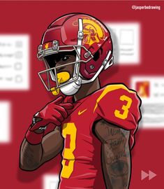 a drawing of a football player wearing a red and yellow uniform with the number 3 on it