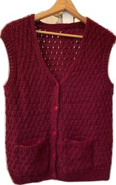 Red Knit Winter Vest, Red Knit Vest For Winter, Red Knit Vest For Fall, Hand Knitted Sleeveless Vest For Fall, Vest Handmade, Handmade Vest, Vest With Pockets, Vest Sweater, Red Vest