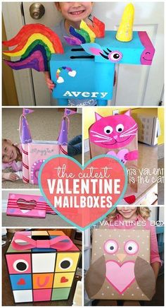 valentine mail boxes made out of cardboard and painted with the words, the cutest valentine mailboxes