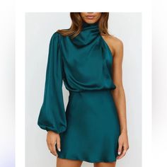 Beautiful Formal Satin Dress. One Shoulder, Solid Color, Above The Knee Length. High Waisted Hidden Zipper. Asymmetrical. Brand New With Tags Elegant Satin Dresses Short, Party Edit, Womens Bridesmaid Dresses, High Neck Mini Dress, Gaun Fashion, 파티 드레스, Satin Evening Dresses, Satin Long Sleeve, Long Sleeve Evening Dresses