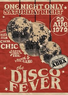 the disco fever concert poster is shown in red and white, with an image of three balls