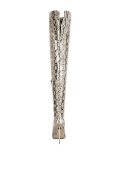 Take a walk on the wild side with these Faux Leather Snake Print Tall Stiletto Boots! Made from high-quality faux leather, these boots feature a bold snake print design and a tall stiletto heel, perfect for those who love to take risks and make a statement. Step out in style and confidence with these boots that exude adventure and daring! Wearing these stunning long heel boots with a snake print will make you stand out from the crowd. The all-over pattern is striking and distinctive, the heels w Long Heel Boots, Long Boots With Heels, Blue Jean Romper, Knee High Stiletto Boots, Metallic High Heels, Metallic Heels, Stiletto Boots, Boost Your Confidence, A Snake