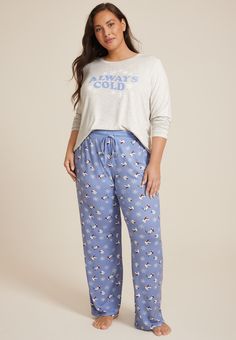 Plus Size Always Cold Graphic Tee And Wide Leg Pajama Set - Materials & Care:imported -  top: 97.4% polyester 2.6% spandex; bottom: 95.5% polyester 4.5% spandex - machine wash New Jeans Top, Maternity Pajamas, Skirt Crop, Always Cold, Curvy Jeans, Maternity Shops, List Style, Plus Dresses, A Plus