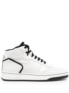 white/black calf leather grained texture logo patch to the rear logo-embossed tongue panelled design perforated toebox perforated detailing round toe front lace-up fastening ankle-length contrasting laces flat rubber sole Designer High-top Sneakers With Embossed Logo For Streetwear, High-top Sneakers With Textured Sole, High-top Sneakers With Embossed Logo, Luxury High-top Sneakers With Contrast Sole, Luxury High-top Sneakers With Embossed Logo, Luxury White High-top Sneakers With Embossed Logo, Classic Lace-up High-top Sneakers With Logo Detail, Luxury Leather High-top Basketball Shoes, Classic Lace-up High-top Sneakers With Logo