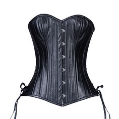 Black  Leather Overbust Corset The outer layer of this corset is made of supple black leather with a beautiful sweetheart neckline. It looks amazing with one of our "pirate queen" tops, a steampunk Victorian skirt, one of my handmade skirt and top combinations, and so many other things. With a combination of durability, fashion, function, and comfort, you just may want to wear it all of the time! These corsets are so well made, they come with a lifetime guarantee... if it breaks, we replace Leather Corset With Corset Back For Party, Leather Party Corset, Fitted Leather Corset With Corset Back, Fitted Leather Overbust Corset, Faux Leather Corset With Corset Back, Fitted Leather Underbust Corset, Fitted Underbust Leather Corset, Gothic Leather Corset For Party, Leather Overbust Corset With Corset Back