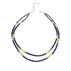 Jay King Sterling Silver Multigemstone Bead 2-Strand 18" Necklace Handcrafted from beautiful blue lapis accentuated with green emerald and yellow citrine beads, this 2-strand necklace will give you a lovely, layered look in one, easy-to-wear piece. From Jay King.       Approx. 18"L x 5/8"W with 2-3/4" extender     Stamped .925      Hook closure     Necklace has two strands of faceted, rondelle-shaped and round blue lapis beads with green emerald and yellow citrine accents   Stone Information Jewelry King, Citrine Beads, Color Bands, Yellow Citrine, Blue Lapis, Beading Wire, Green Emerald, Layered Look, Strand Necklace