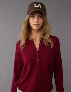 AE Plush Long-Sleeve Henley T-Shirt Crew Neck Buttoned Tops For Loungewear, Crew Neck Tops With Buttons For Loungewear, Solid Color Tops With Button Closure For Loungewear, Casual Winter Tops With Henley Neckline, Tops With Button Closure For Loungewear, Casual Henley Neckline Winter Top, Relaxed Fit Textured Knit Button-up Top, Textured Knit Relaxed Fit Button-up Top, Textured Knit Button-up Top With Relaxed Fit