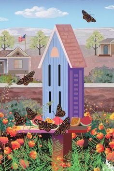 a painting of a bird house with butterflies flying over it