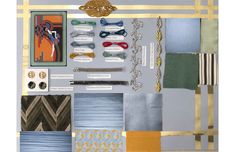 a collage of different colors and patterns with gold, blue, green, and white accents