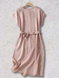 Women's Cotton Linen Vintage Dress Casual Crew-Neck Cap Sleeve Summer Midi Dress Casual Solid Color Sheath Dress, Casual Sheath Dress In Solid Color, Casual Sheath Midi Dress, Casual Sheath Mini Dress For Summer, Casual Beige Sheath Dress, Casual Sheath Midi Dress In Solid Color, Casual Sheath Midi Dress For Daywear, Casual Pink Sheath Dress, Home Dress Women