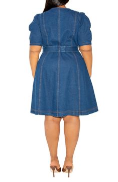 A hint of stretch brings all-day comfort to this denim shirtdress framed by pretty puff sleeves and hugged by a tie belt. Front button closure Surplice V-neck Elbow-length sleeves Removable tie belt 75% cotton, 22% polyester, 3% spandex Hand wash, line dry Imported Fitted Collared Belted Denim Dress, Fitted Collared Denim Dress With Belt, Short Sleeve Belted Denim Workwear Dress, Fitted Belted Denim Dress In Denim Blue, Fitted Denim Blue Belted Denim Dress, Belted Denim Dress With Short Sleeves For Work, Fitted Medium Wash Belted Denim Dress, Medium Wash Belted Knee-length Denim Dress, Knee-length Belted Medium Wash Denim Dress