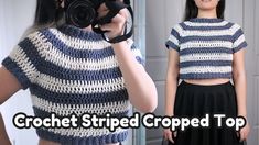 a woman holding a camera and wearing a crochet striped cropped top