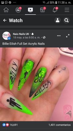 Billie Eilish Acrylic Nails, Billie Eilish Nails Ideas, Billie Eilish Nails Design, Rock Concert Nails, Billie Nails, Billie Eilish Nails, Rock Nails, Stylish Nails Designs