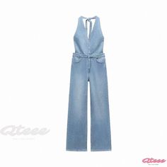 Qteee - Chic Denim Jumpsuit with Halter-neck Exposed Back and High-waisted Long Pants Womens Denim Jumpsuit, Silk Jumpsuit, Denim Chic, Green Jumpsuit, Backless Top, Long Trousers, Jumpsuit Trousers, Straight Leg Denim, Denim Jumpsuit