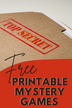 an open book with the words free printable mystery games on it and a red stamp