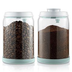 two glass jars filled with different types of coffee beans