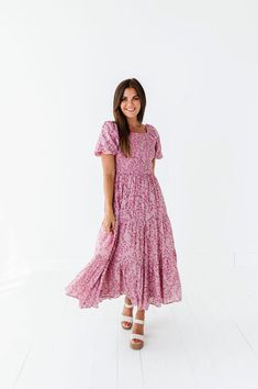 Hyacinth Smocked Dress Square Neck Maxi Dress With Smocked Back, Fitted Midi Dress With Smocked Bodice And Short Sleeves, Flowy Square Neck Maxi Dress For Casual Occasions, Flowy Square Neck Maxi Dress For Dress Down, Pink Ruched Short Sleeve Midi Dress, Pink Short Sleeve Ruched Midi Dress, Puff Sleeve Maxi Dress With Smocked Back, Square Neck Maxi Dress With Smocked Back For Daywear, Vacation Ruched Puff Sleeve Maxi Dress