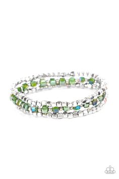 Separated by dainty silver beads, a sparkly strand of square green crystal-like beads joins a pair of silver cube beaded stretchy bands around the wrist for a colorful look.

 Sold as one set of three bracelets. Green Bracelet, Paparazzi Accessories, Green Crystal, Paparazzi Jewelry, Green Crystals, One Set, Stretch Bracelets, Silver Beads, Turquoise Bracelet