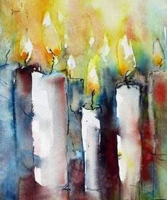 three lit candles are shown in this artistic painting