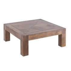 a square wooden table sitting on top of a white floor