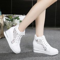 Eco-Friendly Silver Leather Wedge Platform Sneakers Lace Up High Heels, High Heel Sneakers, Point Shoes, Mesh Shoes, Beige Shoes, Leather High Heels, Pointed Toe Shoes, Lacing Sneakers, Womens Wedges