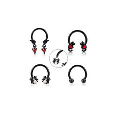 four pairs of black and red ear piercings with dragon heads on each one side