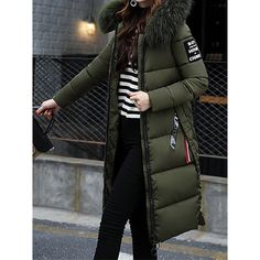 Season:Winter,Fall; Fabric:Polyester; Sleeve Length:Long Sleeve; Look After Me:Machine wash; Gender:Women's; Style:Street Style,Casual,Stylish,Comtemporary; Elasticity:Micro-elastic; Occasion:Street,Shopping,Outdoor,Going out,Valentine's Day,Daily; Outerwear Length:Long; Placket:Zipper; Fit Type:Regular Fit; Function:Warm,Windproof; Pattern:Plain; Design:Faux Fur Trim,with Pockets,Full Zip; Neckline:Hoodie; Outerwear Type:Parka; Front page:FF; Listing Date:09/26/2023; Production mode:External pr Warm Green Winter Outerwear, Warm Green Outerwear For Fall, Green Winter Parka, Khaki Long Sleeve Winter Parka, Khaki Long Sleeve Parka For Winter, Green Winter Outerwear For Cold Weather, Green Winter Parka For Cold Weather, Down Winter Coats, Long Winter Coats