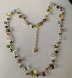 "moonstone,Labrorite,peridot,amethyst, citrine Drop size 6x9 approx Tourmaline 4 mm 18k gold plating over sterling silver 161/2\" long plus 1 1/2\" long extension So it can be extend up to 18 inches Us$ 42.99" Watermelon Tourmaline Necklace, Tourmaline Necklace, Tourmaline Beads, Pink Topaz, Watermelon Tourmaline, Gorgeous Necklaces, Gold Plating, Sterling Silver Chains, Citrine