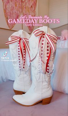 White Cowgirl Boots Gameday, White College Football Game Outfit, Preppy Alabama Outfits, White Out College Football Game, Game Day Cowboy Boots, Red White Game Day Outfit, Cowgirl Boots Colorful, Game Day Boots Ribbon, College Games Outfit