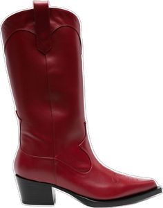 Red Leather Snip Toe Mid-calf Boots, Red Wide Calf Leather Boots, Western Style Red Leather Mid-calf Boots, Red Leather Wide Calf Boots, Red Western Boots For Formal Occasions, Classic Pointed Toe Boots With Red Sole, Fall Boots With Red Sole In Calf Leather, Fall Calf Leather Boots With Red Sole, Mid-calf Snip Toe Boots With Leather Sole