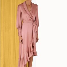 The Zimmerman Silk Wrap Midi Dress In Dusty Pink From Our Fall 2023 Collection, Luminosity. A Silk Midi Dress Featuring A Wrap Front Silhouette, Blouson Sleeves With Elongated Cuffs And Asymmetric Skirt. Silk Midi Dress Wrap Front Asymmetric Ruffled Mini Skirt Blouson Sleeves With Elongated Cuffs, Brand New, Home Free Of Smoke And Pets Spring Pre-draped Fitted Silk Dress, Luxury Pink Midi Dress, Elegant Pink V-neck Wrap Dress, Silk V-neck Dinner Dress, Pre-draped Silk Spring Dresses, Feminine Viscose Midi Dress, Fitted Feminine Silk Midi Dress, Chic Satin Midi-length Wrap Dress, Spring Cocktail Silk Dress In Pre-draped Style