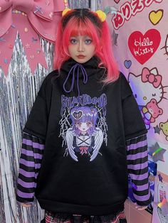 Cartoon Girl Print Striped Pattern Sleeves Black Hoodie Black Kawaii Hoodie For Fall, Kawaii Black Hoodie For Fall, Black Kawaii Hoodie For Winter, Harajuku Style Sweatshirt With Drawstring Hood For Fall, Black Kawaii Hoodie Sweatshirt, Harajuku Hooded Top For Fall, Black Harajuku Hoodie For Spring, Harajuku Style Hooded Top With Drawstring, Cute Black Long Sleeve Hoodie