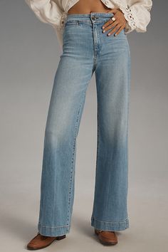 98% cotton, 2% polyurethane Front welt pockets Back patch pockets Front zip Machine wash USA | Brighton High-Rise Wide-Leg Jeans by ASKK NY in Blue, Women's, Size: 27, Cotton/Polyurethane at Anthropologie Super Wide Leg Jeans, Colorful Jeans, Makeup Wishlist, Anthropologie Jeans, Summer Jeans, Back Patch, Wide Leg Denim, Fit Check, New Yorker