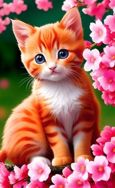 an orange and white kitten sitting on top of pink flowers