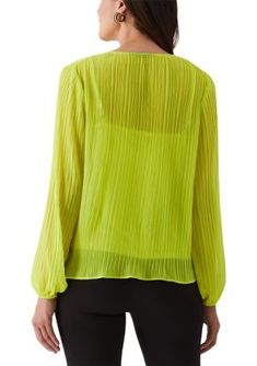 This gorgeous blouse features balloon sleeves with elastic openings, a removable camisole, and pleated lightweight woven fabric. | ELLA Rafaella Women's Petite Pleated Balloon Sleeve Blouse, PXS Spring Pleated V-neck Blouse, Pleated V-neck Blouse For Spring, Spring V-neck Top With Pleated Sleeves, Spring Blouse With Elastic Sleeves, Green Long Sleeve Tops With Elastic Sleeves, Chic Green Top With Elastic Sleeves, Spring Fitted Blouse With Pleated Sleeves, Fitted Blouse With Pleated Sleeves For Spring, Green Long Sleeve Puff Top For Spring