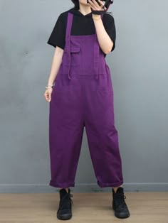 Style: Street Material: Cotton Pattern: Solid Color Length: Full Length Decoration: Pocket Closure Type: Pullover Silhouette: Straight Leg Gender: Female Season: Summer #purple #overalls #dungarees #biboveralls Plus Size Overalls Outfit, 90s Dungarees, Enby Outfits, Plus Size 90s, 90s Overalls, Jumpsuits Plus Size, Summer Overalls, Cute Overalls, Overalls Shorts