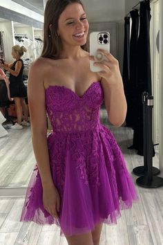 Modsele this short formal dress features a strapless sweetheart neckline, lace-up back, and A-line skirt.#hoco2023#homecomingdresses#formaldresses#homecoming#schooleventdress#holidaydress#graduationdress#cocktaildress Heart-shaped Neckline Mini Dress With Corset Back For Wedding, Purple Lace Dress With Sweetheart Neckline, Purple Strapless Dress For Prom, Tulle Dresses With Lace-up Back, Purple Strapless Dress For Prom Season, Strapless Mini Dress With Lace Bodice For Wedding, Strapless Lace Dress With Sweetheart Neckline For Evening, Sweetheart Neckline Mini Dress With Corset Back For Homecoming, Evening Strapless Lace Dress With Sweetheart Neckline