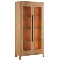 a wooden cabinet with glass doors on the front and bottom shelves in light wood finish